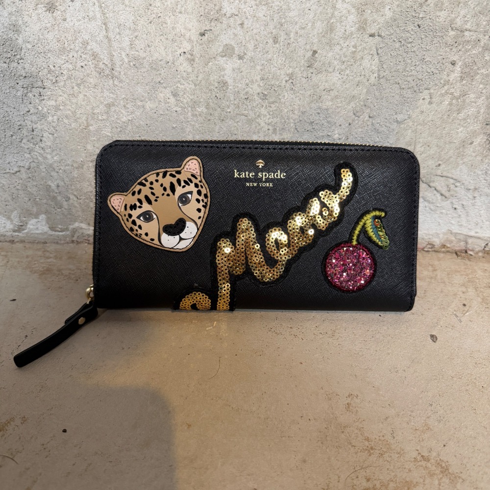 Kate Spade Meow Leopard Cherry Saffiano Leather Zip Around Wallet Black PWRU5910
